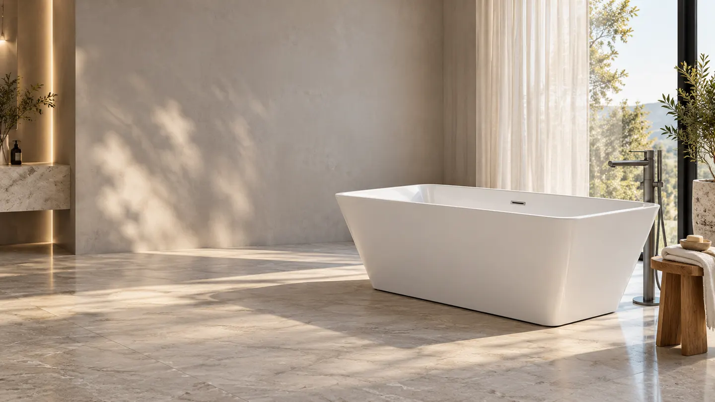White freestanding bathtub with a floor-mounted filler beside a tall window in a sunlit stone bathroom