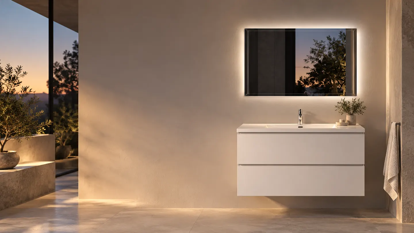 Backlit rectangular mirror above a white floating vanity in a warm stone bathroom at dusk