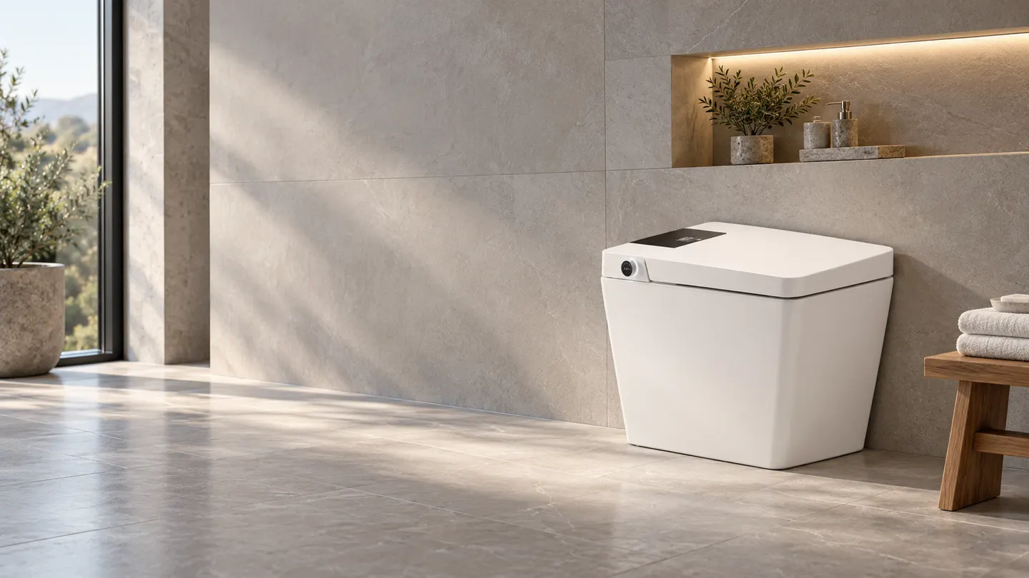 White square smart toilet against a stone wall with a lit shelf niche and a wooden stool