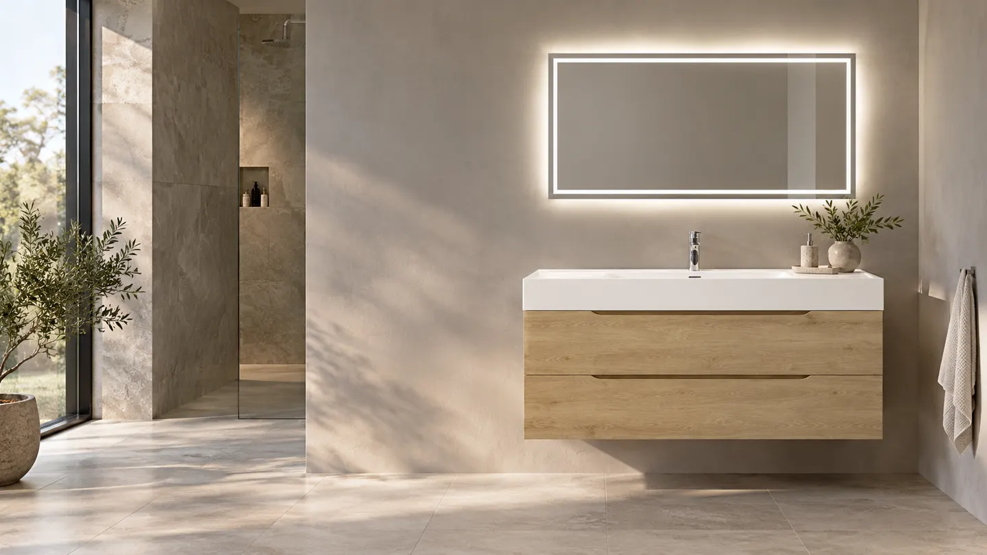 Light oak floating vanity with a white top under a backlit mirror, in a pale stone bathroom with a walk-in shower