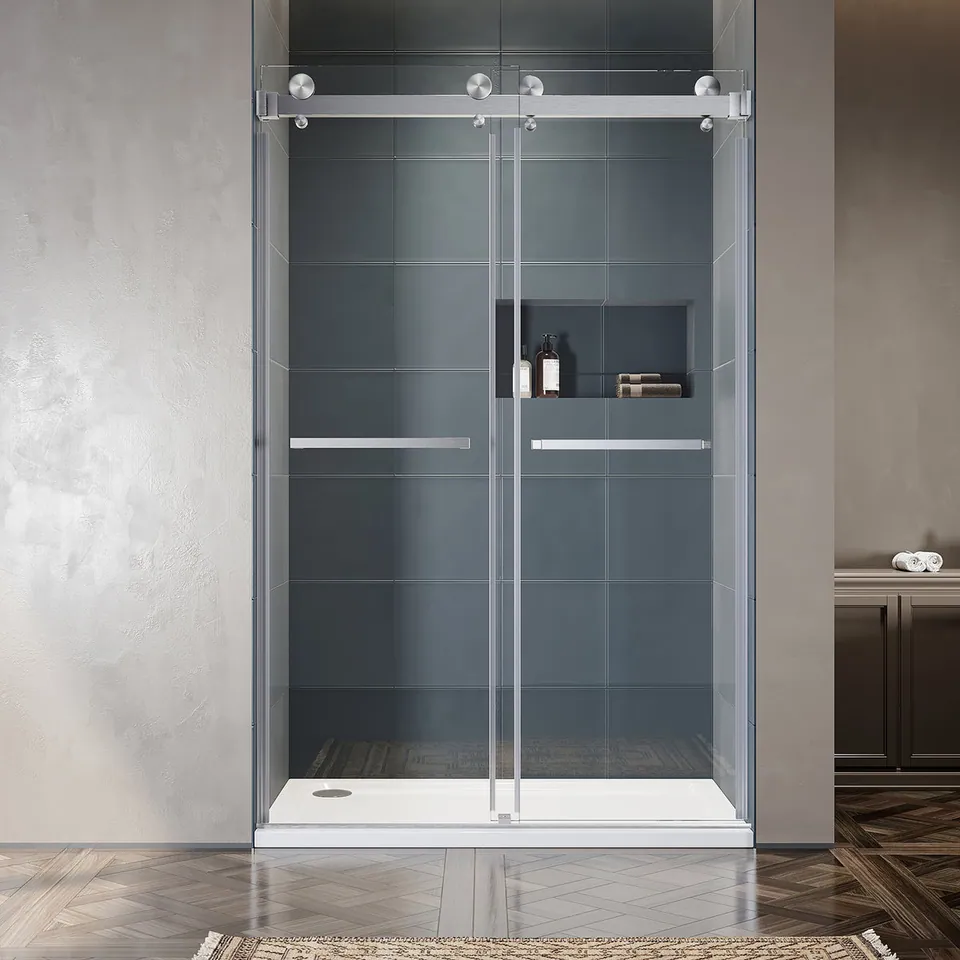 Meridian Frameless Double Sliding Door, 50–55″ W × 76″ H, Two Towel Bars, photo 1