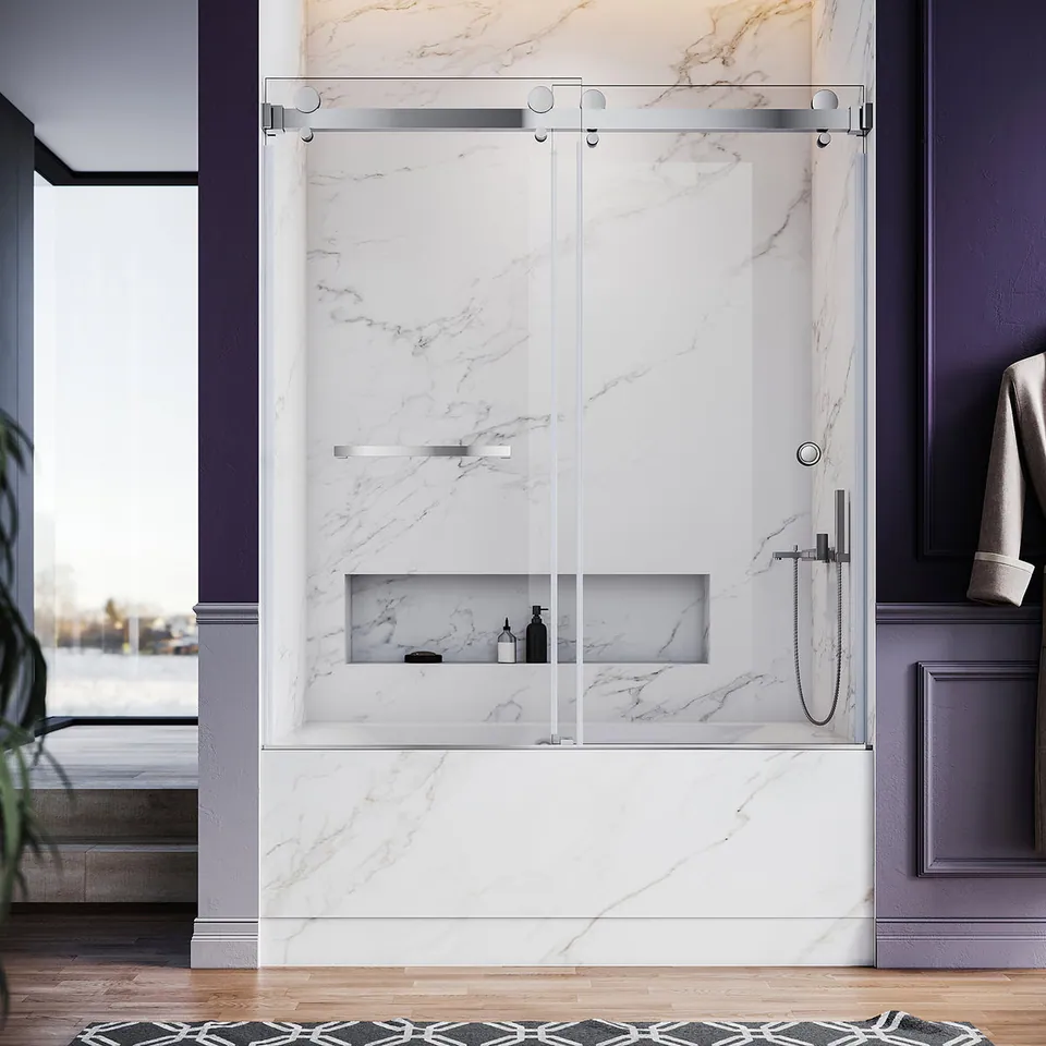 Meridian Frameless Double Sliding Door, 56–60″ W × 66″ H, Towel Bar & Finger Pull, photo 6