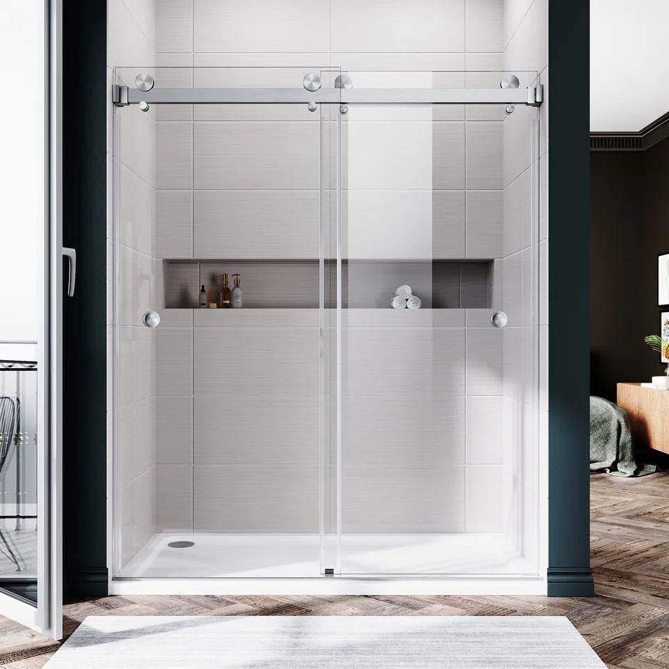 Meridian Frameless Double Sliding Door, 61–65″ W × 76″ H, Two Towel Bars, Brushed Nickel