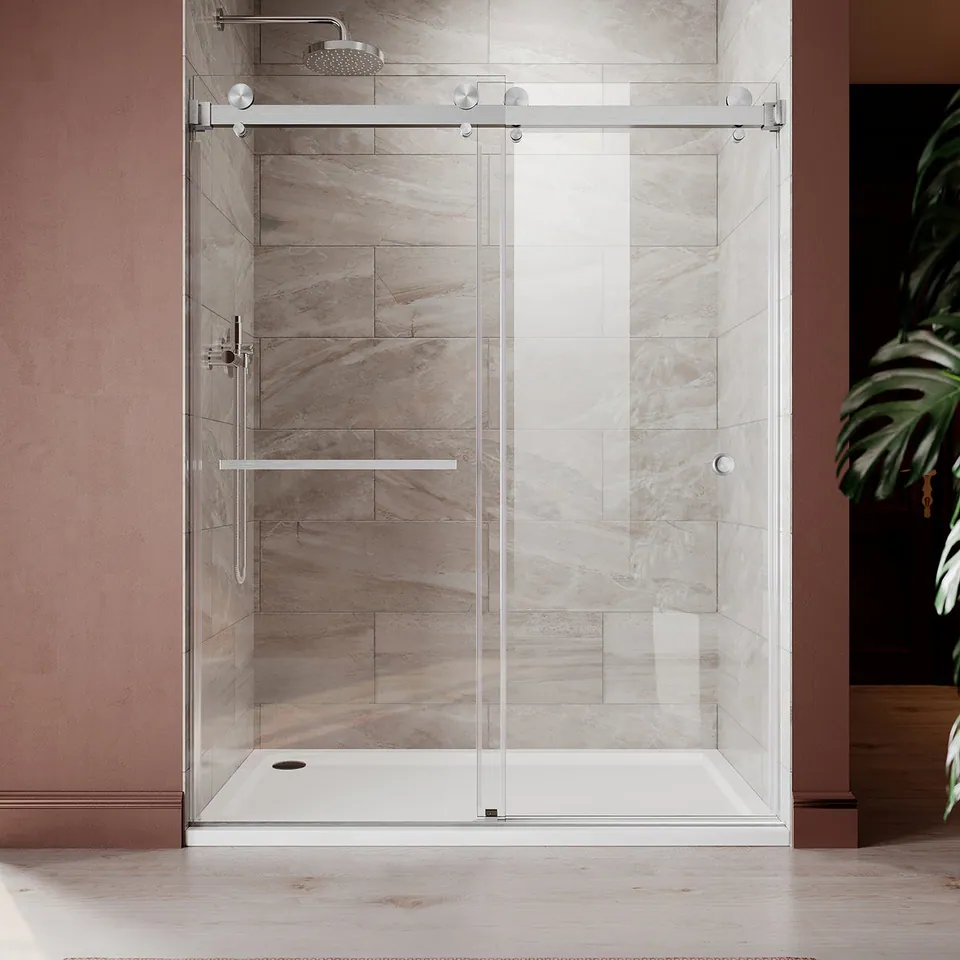 Meridian Frameless Double Sliding Door, 66–72″ W × 76″ H, Towel Bar & Finger Pull, photo 1