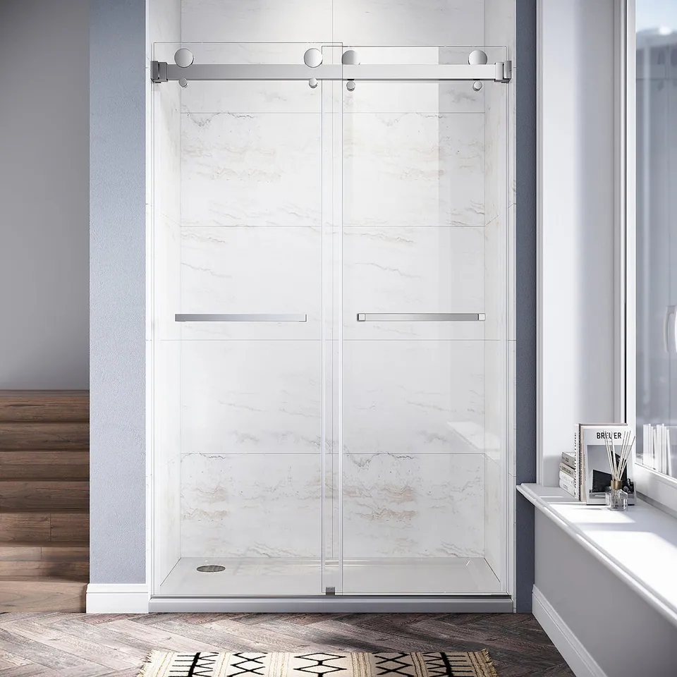 Meridian Frameless Double Sliding Door, 46–49″ W × 76″ H, Two Towel Bars, photo 3