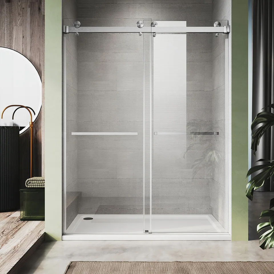 Meridian Frameless Double Sliding Door, 56–60″ W × 80″ H, Two Towel Bars, photo 1