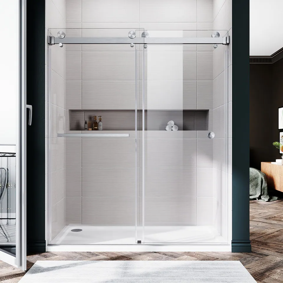 Meridian Frameless Double Sliding Door, 56–60″ W × 76″ H, 58″ Nominal, Towel Bar & Finger Pull, photo 1