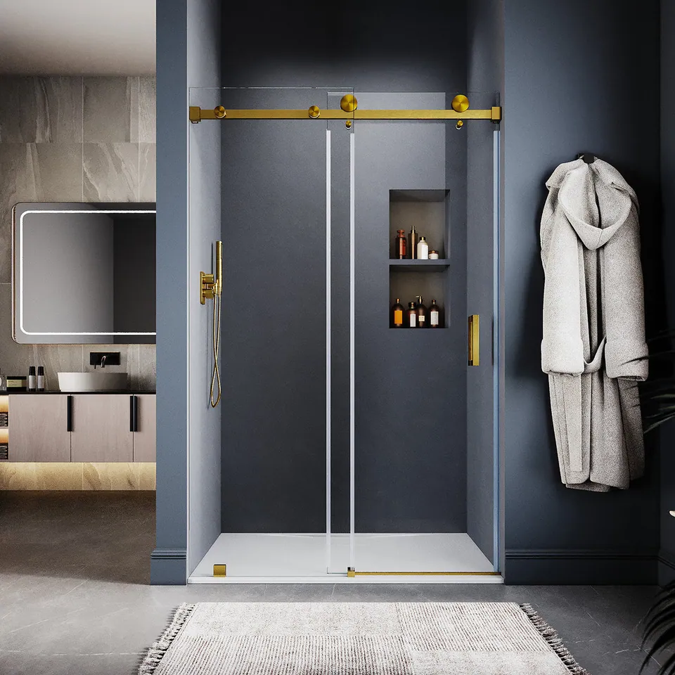 Tide Frameless Sliding Door, 46–49″ W × 76″ H, Satin Brass