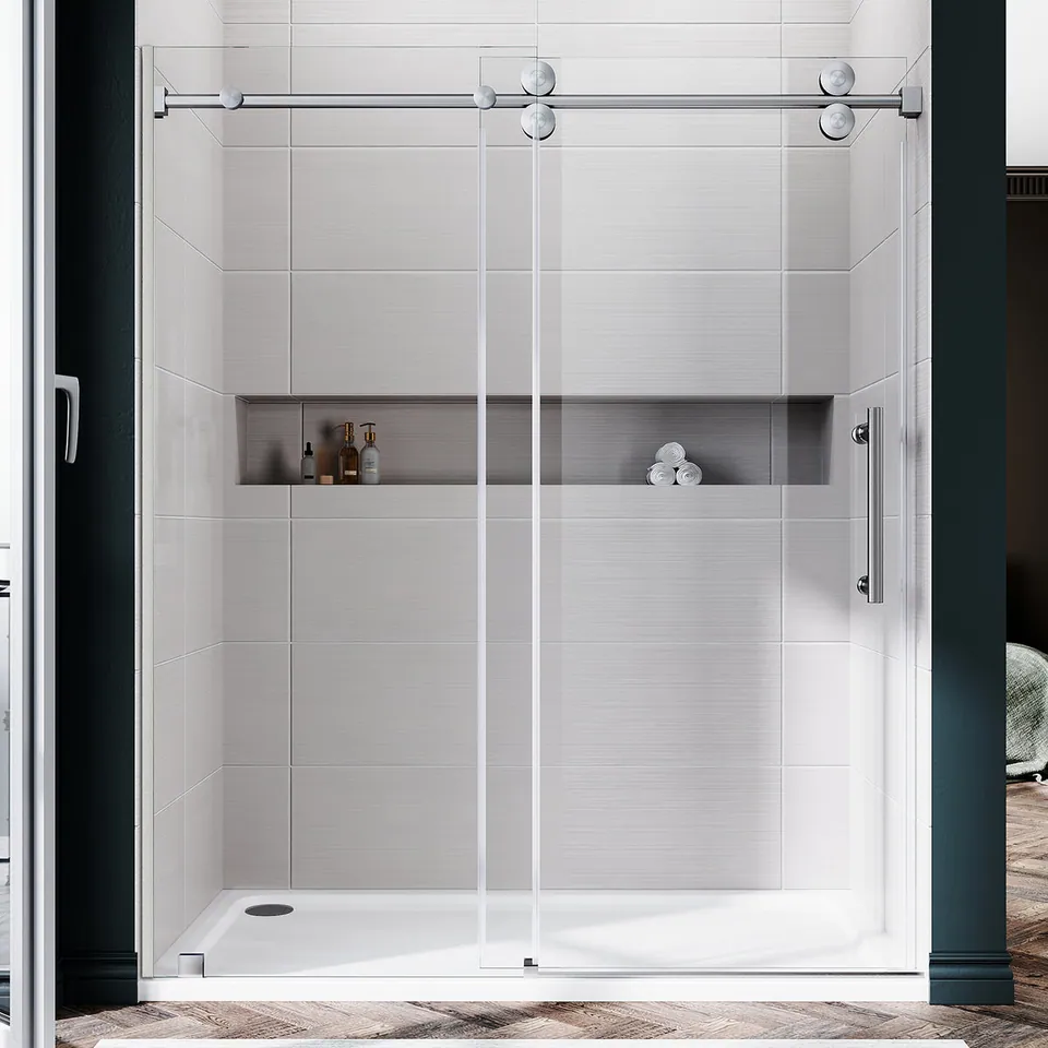 Horizon Frameless Sliding Door, 66–72″ W × 76″ H, Brushed Nickel
