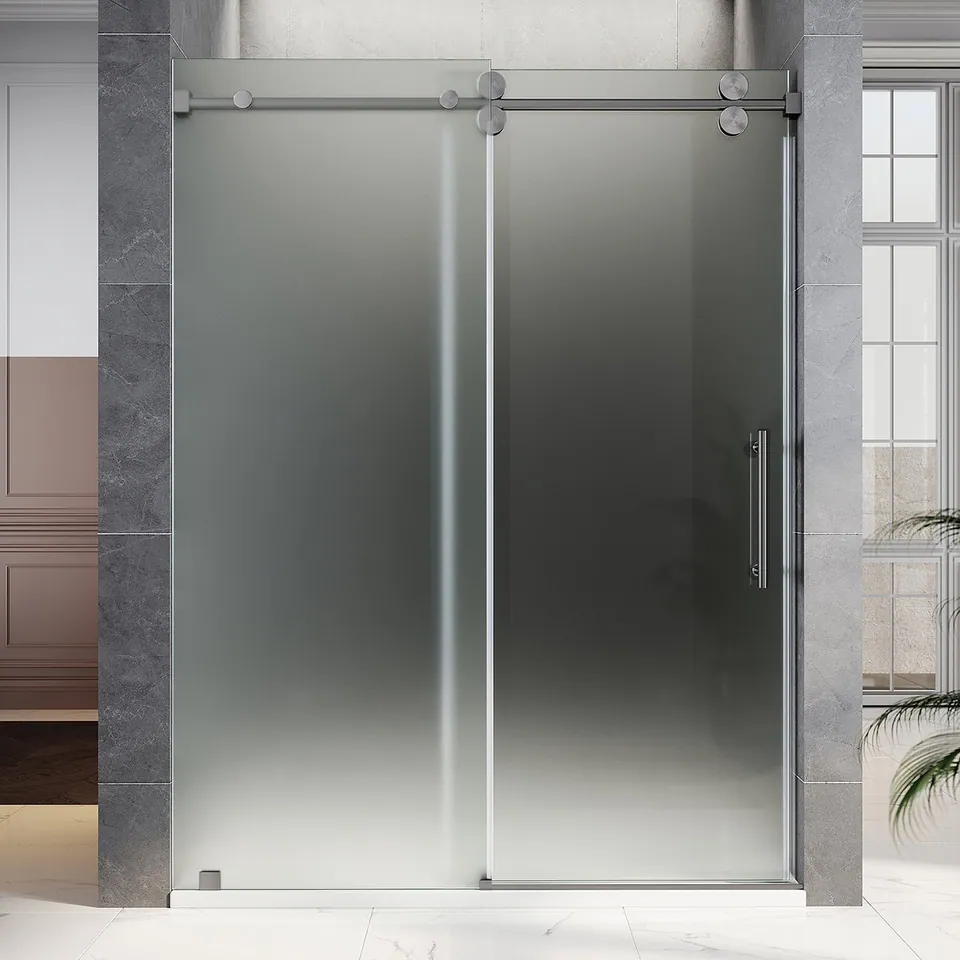 Horizon Frameless Sliding Door, 56–60″ W × 80″ H, Acid-Etch Glass, Space Gray