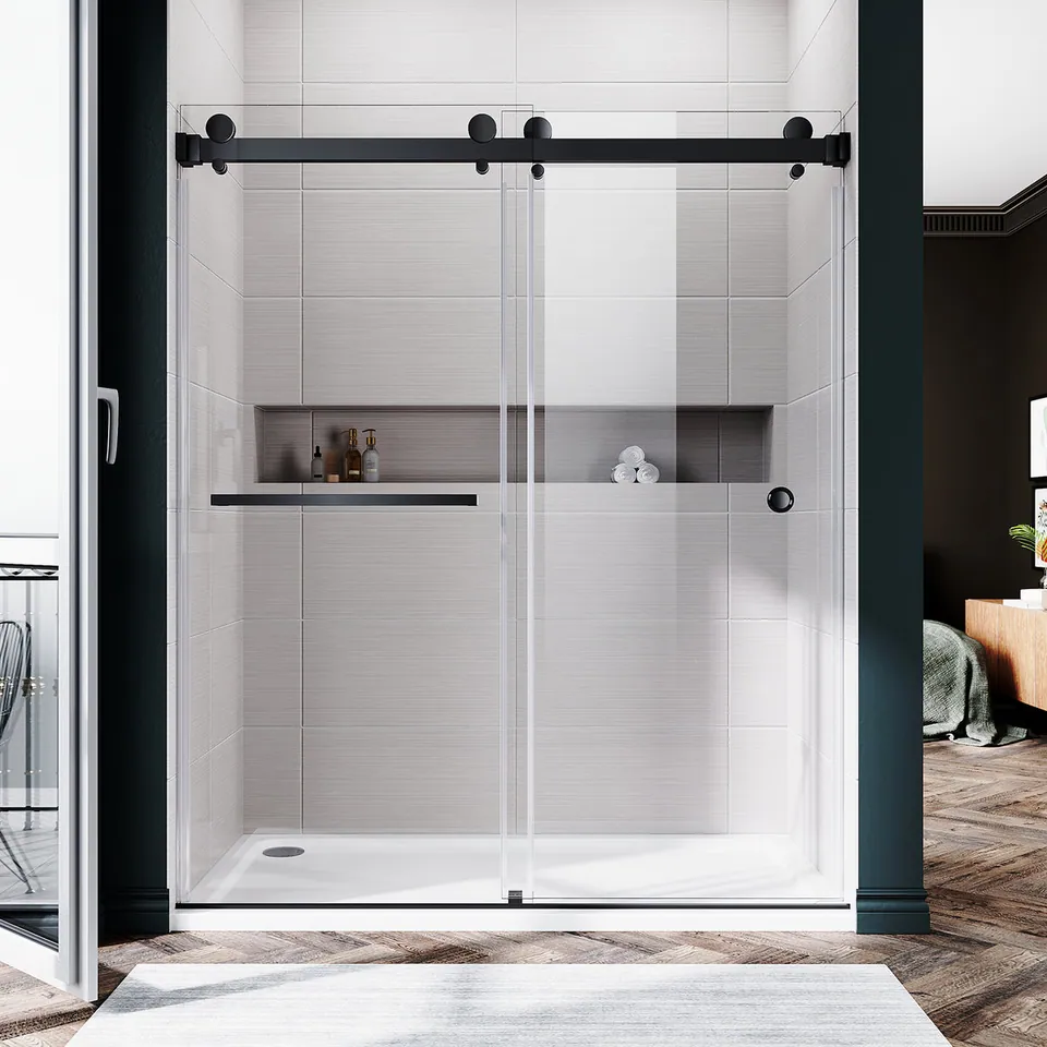 Meridian Frameless Double Sliding Door, 56–60″ W × 76″ H, 58″ Nominal, Towel Bar & Finger Pull, photo 4