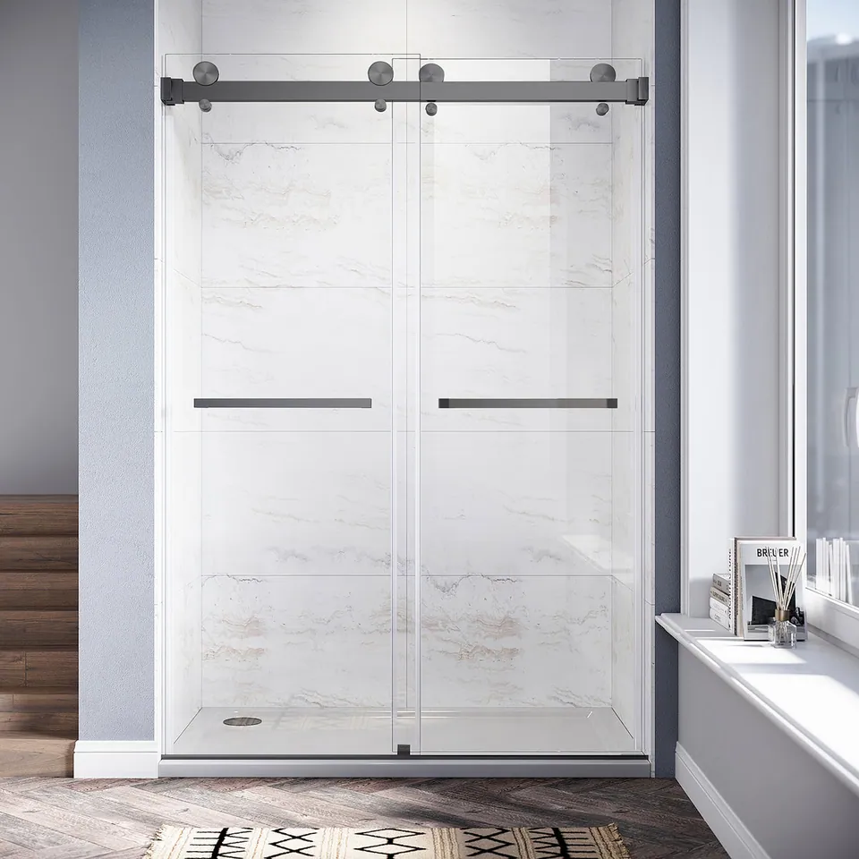 Meridian Frameless Double Sliding Door, 46–49″ W × 76″ H, Two Towel Bars, photo 6