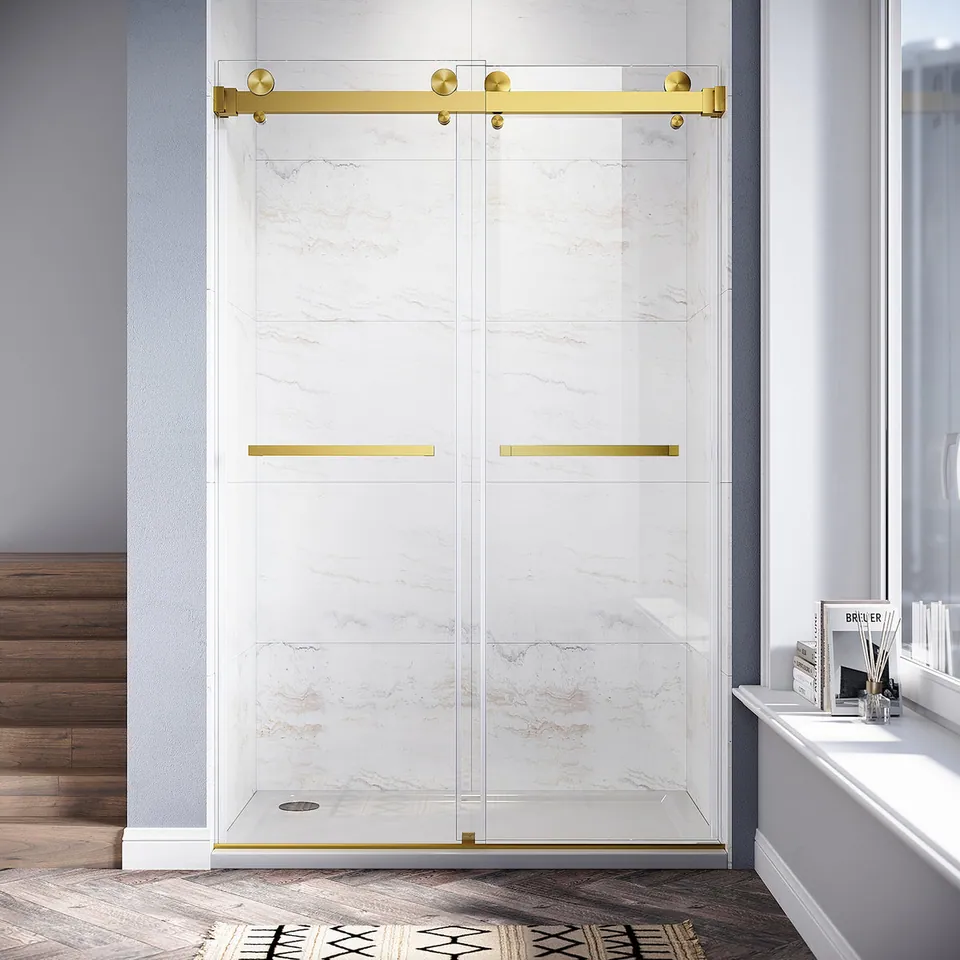 Meridian Frameless Double Sliding Door, 46–49″ W × 76″ H, Two Towel Bars, photo 5