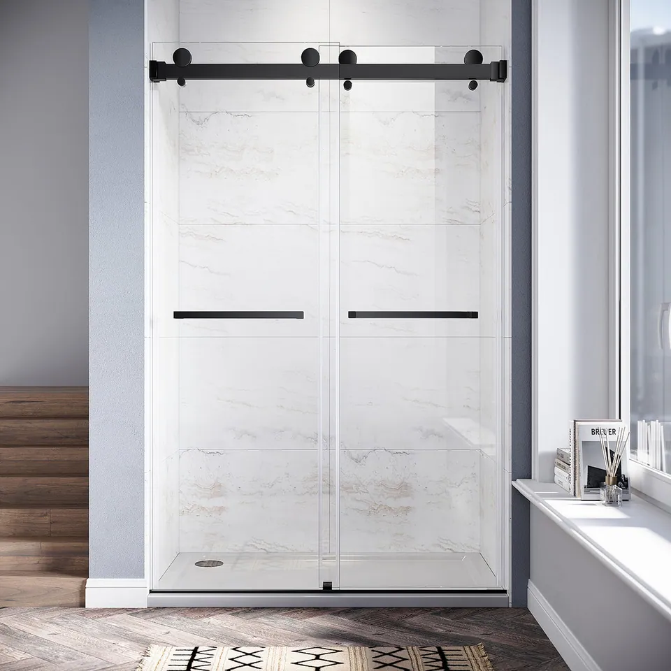 Meridian Frameless Double Sliding Door, 46–49″ W × 76″ H, Two Towel Bars, photo 4