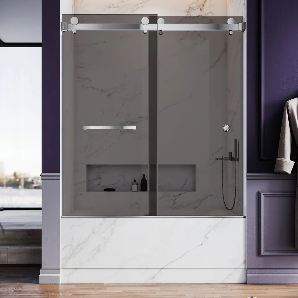 Meridian Frameless Double Sliding Door, 56–60″ W × 66″ H, Gray Glass, Towel Bar & Finger Pull, photo 6