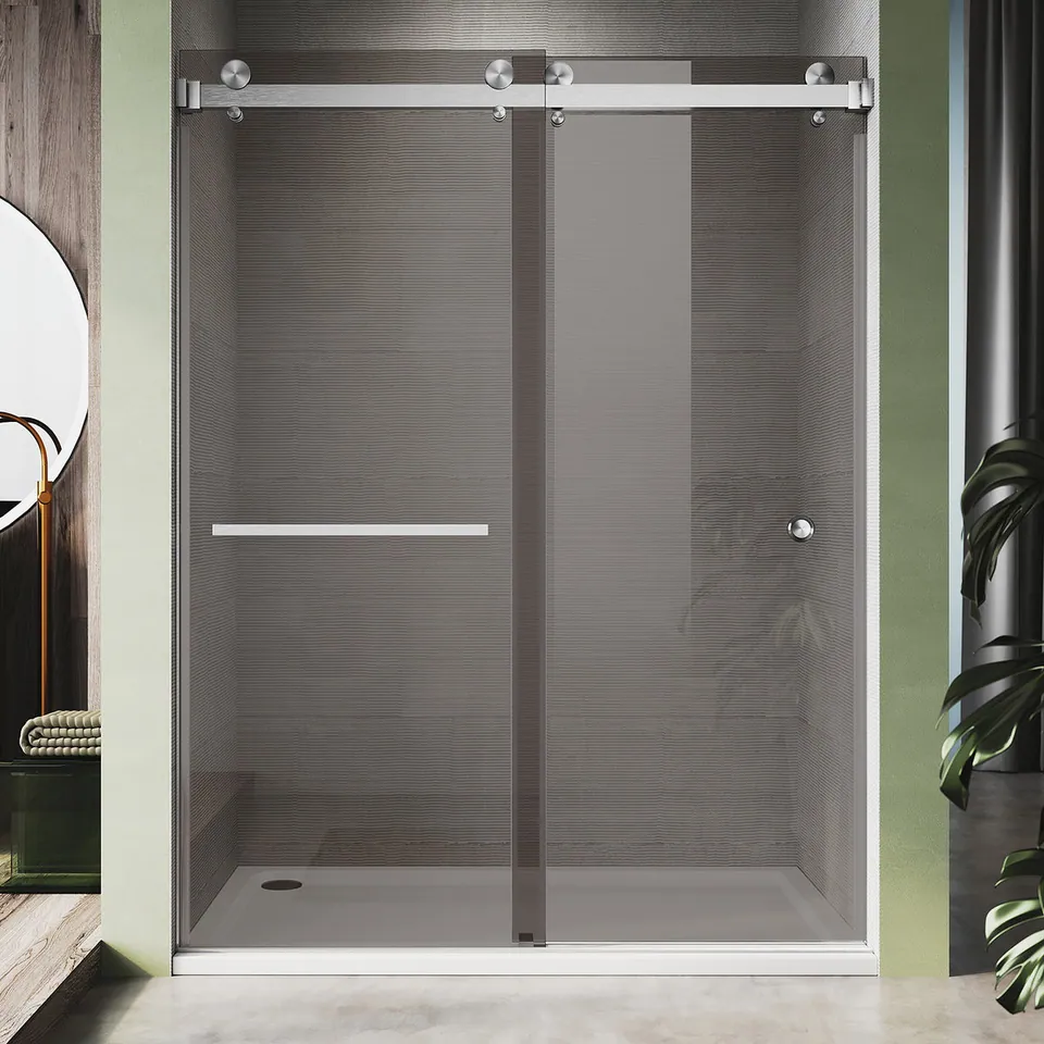 Meridian Frameless Double Sliding Door, 56–60″ W × 80″ H, Gray Glass, Towel Bar & Finger Pull, photo 1