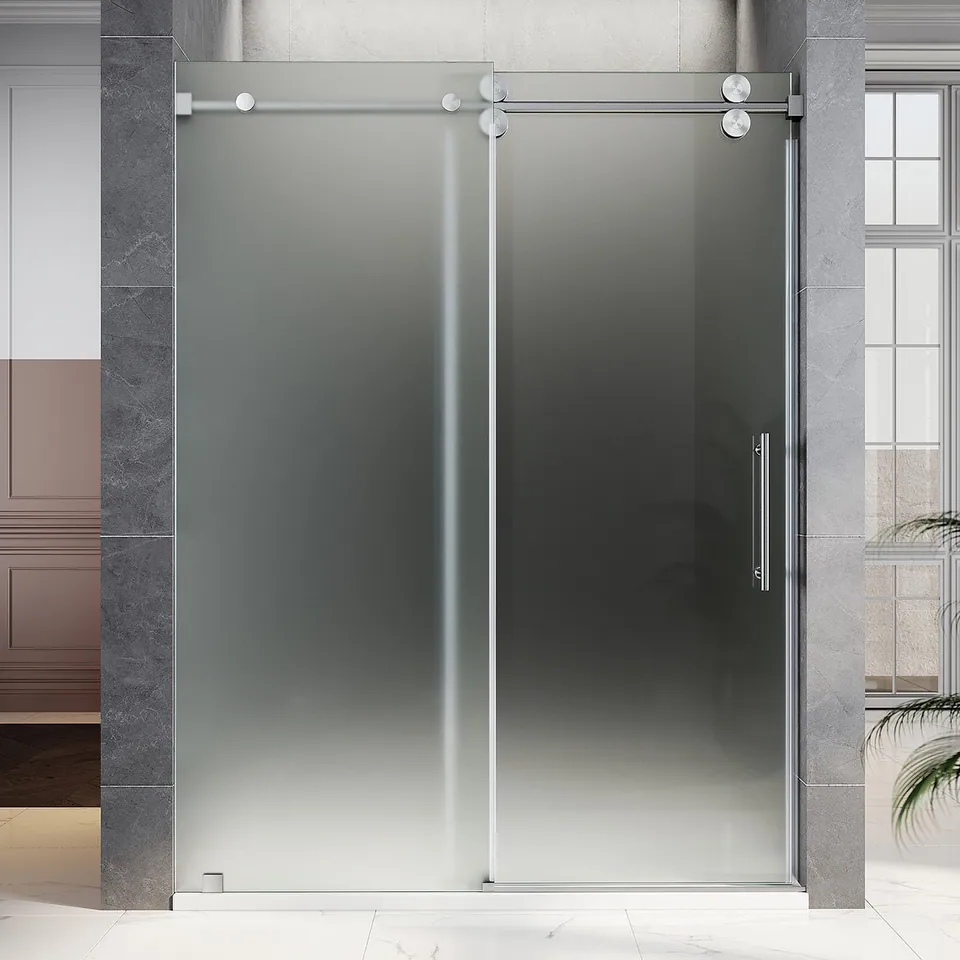 Horizon Frameless Sliding Door, 56–60″ W × 80″ H, Acid-Etch Glass, Brushed Nickel
