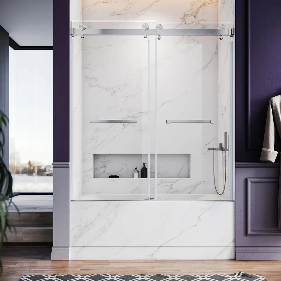 Meridian Frameless Double Sliding Door, 56–60″ W × 66″ H, Two Towel Bars, photo 1