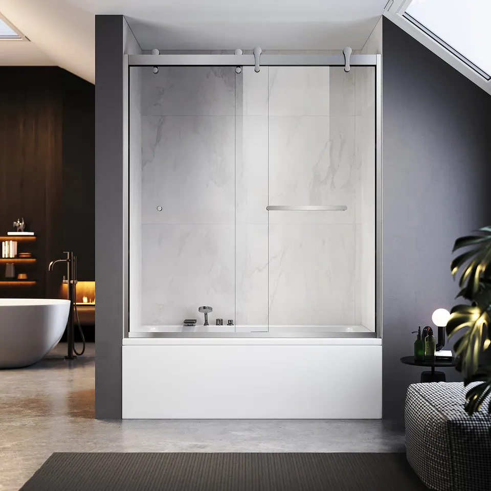 Keel Framed Double Sliding Door, 56–60″ W × 66″ H, Two Towel Bars, photo 1