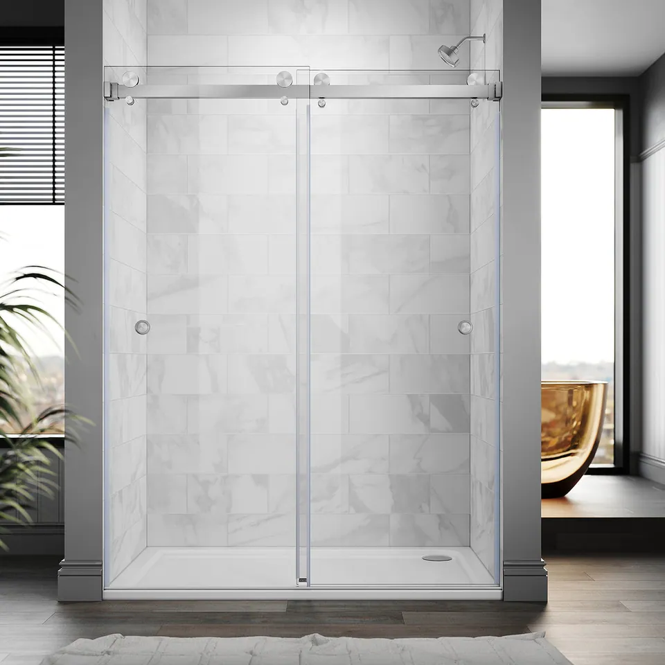 Meridian Frameless Double Sliding Door, 61–65″ W × 76″ H, Two Finger Pulls, photo 1