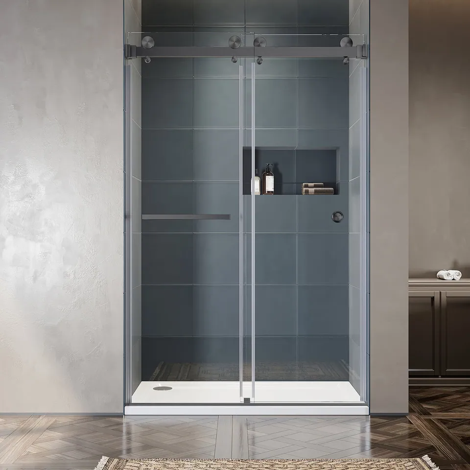 Meridian Frameless Double Sliding Door, 46–49″ W × 76″ H, Towel Bar & Finger Pull, photo 3