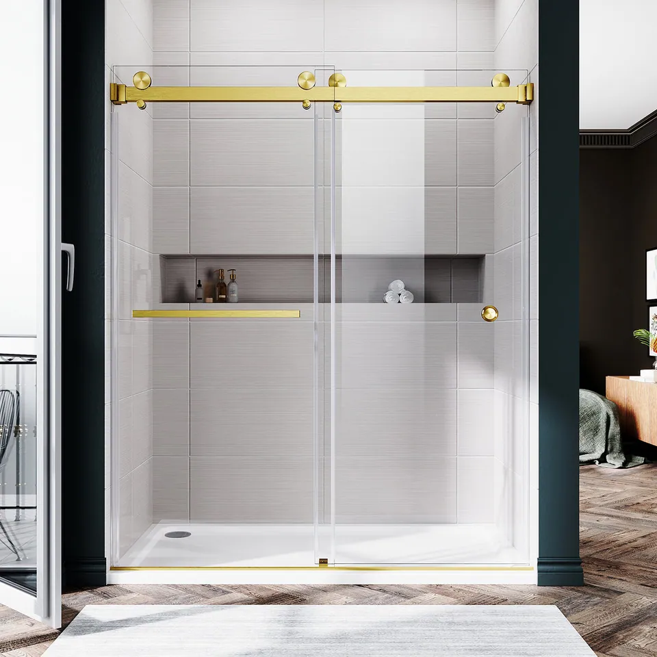Meridian Frameless Double Sliding Door, 56–60″ W × 76″ H, 58″ Nominal, Towel Bar & Finger Pull, photo 5