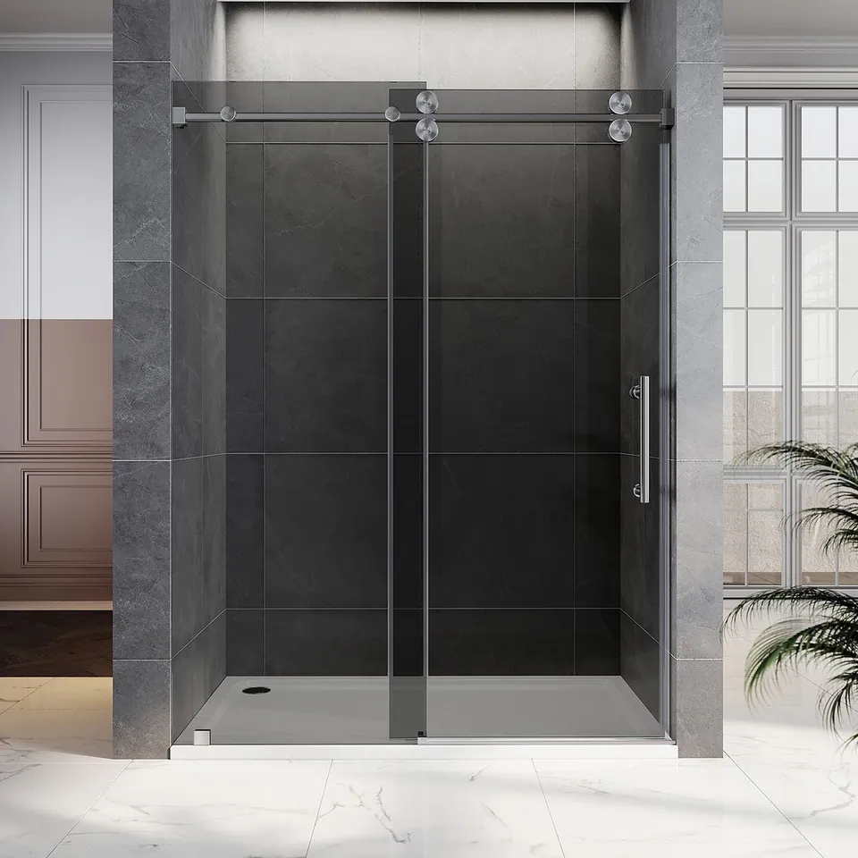 Horizon Frameless Sliding Door, 56–60″ W × 80″ H, Gray Glass, Space Gray