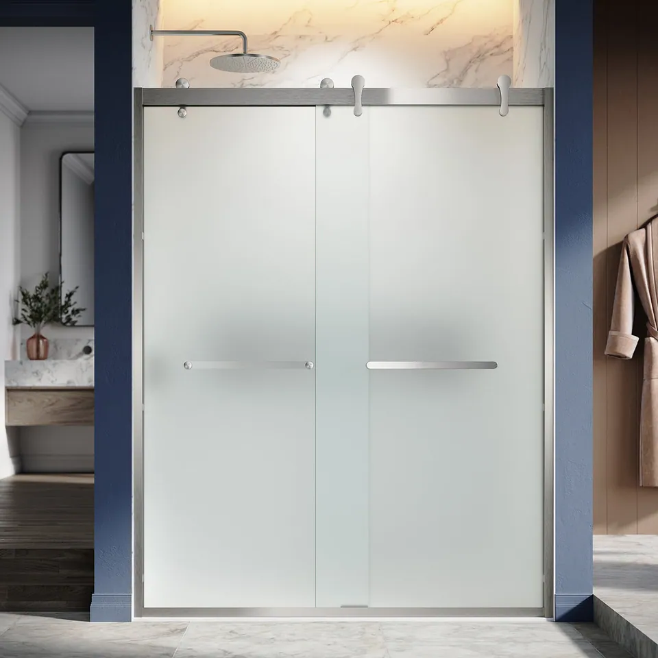 Keel Framed Double Sliding Door, 56–60″ W × 76″ H, Acid-Etch Glass, Two Towel Bars, photo 1