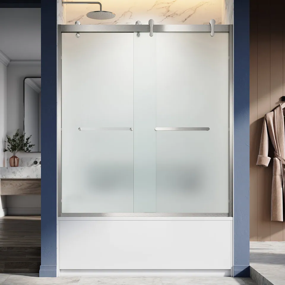 Keel Framed Double Sliding Door, 56–60″ W × 76″ H, Acid-Etch Glass, Towel Bar & Finger Pull, photo 3