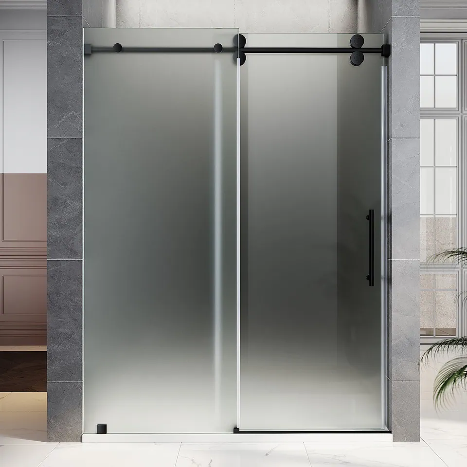 Horizon Frameless Sliding Door, 56–60″ W × 80″ H, Acid-Etch Glass, Matte Black