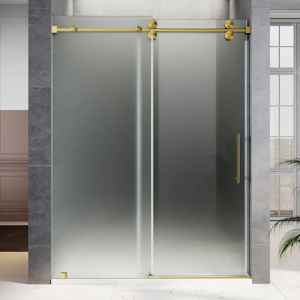 Horizon Frameless Sliding Door, 56–60″ W × 80″ H, Acid-Etch Glass, Satin Brass
