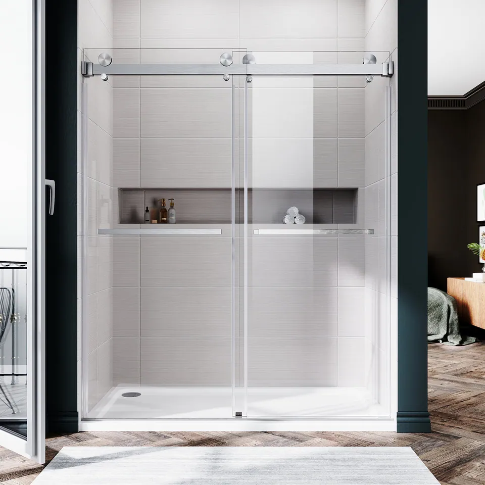 Meridian Frameless Double Sliding Door, 56–60″ W × 72″ H, Two Towel Bars, photo 1