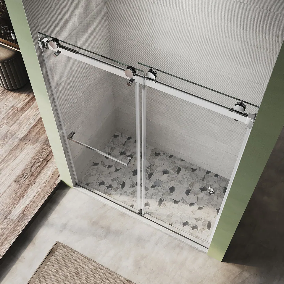 Meridian Frameless Double Sliding Door, 56–60″ W × 66″ H, Towel Bar & Finger Pull, photo 2