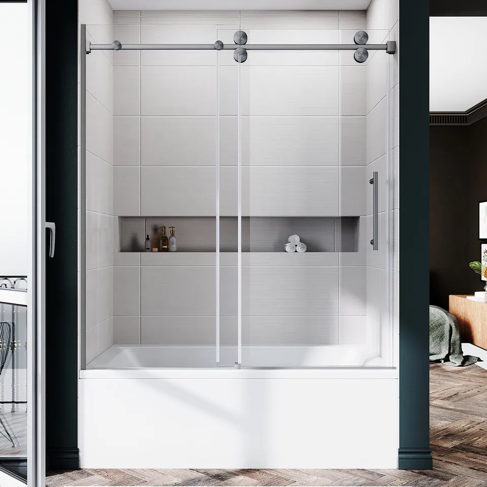 Horizon Frameless Sliding Door, 56–60″ W × 66″ H, Space Gray