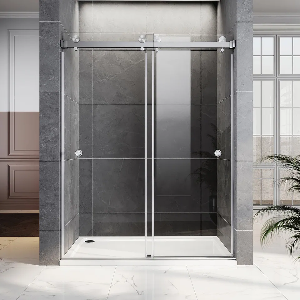 Meridian Frameless Double Sliding Door, 66–72″ W × 76″ H, Two Finger Pulls, photo 1