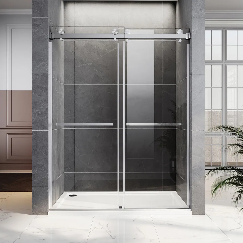 Meridian Frameless Double Sliding Door, 66–72″ W × 76″ H, Two Towel Bars, photo 1
