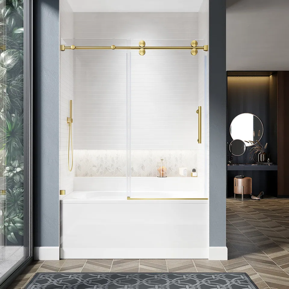 Horizon Frameless Sliding Door, 56–60″ W × 66″ H, Optiwhite Glass, Satin Brass