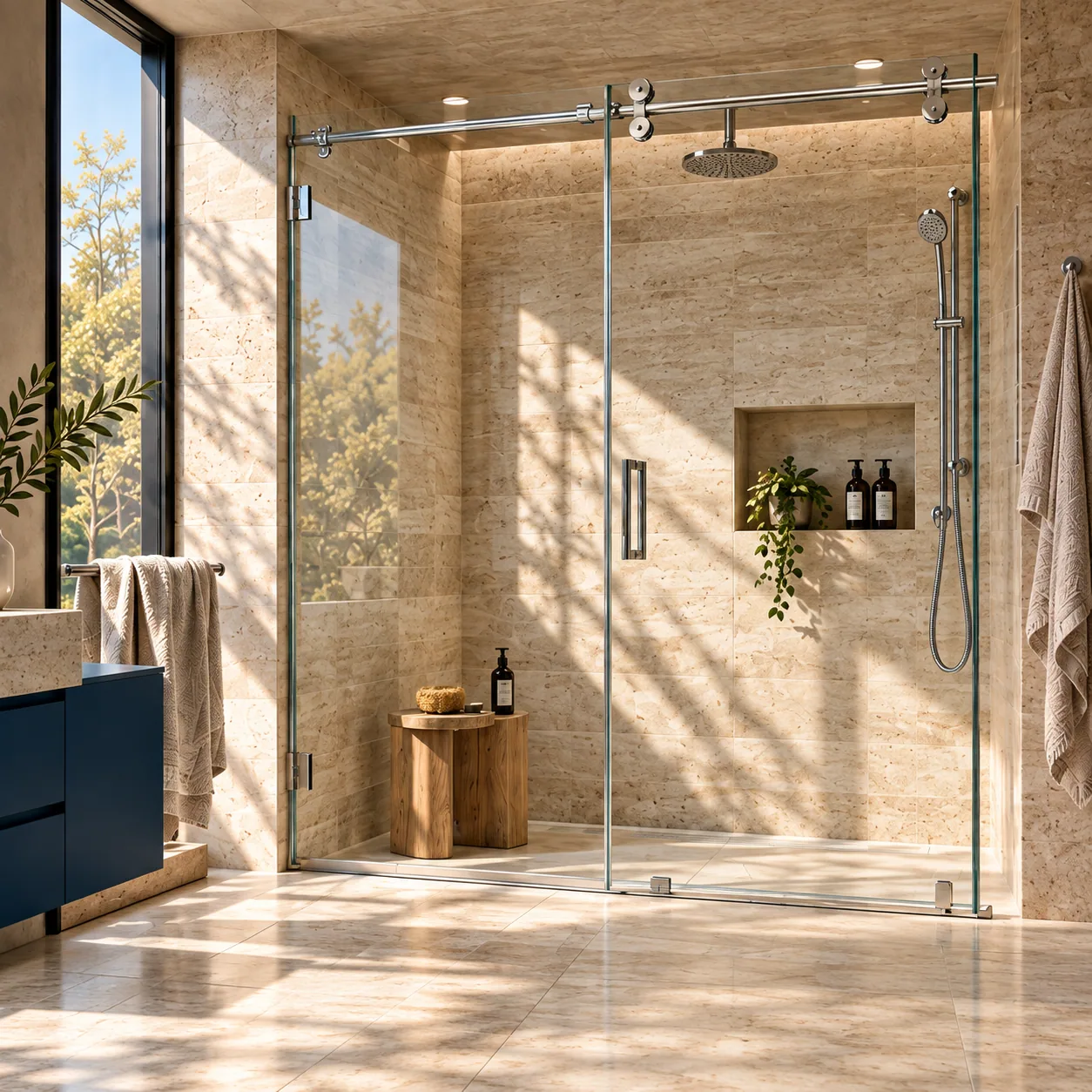 Same shower alcove with a chrome sliding glass enclosure